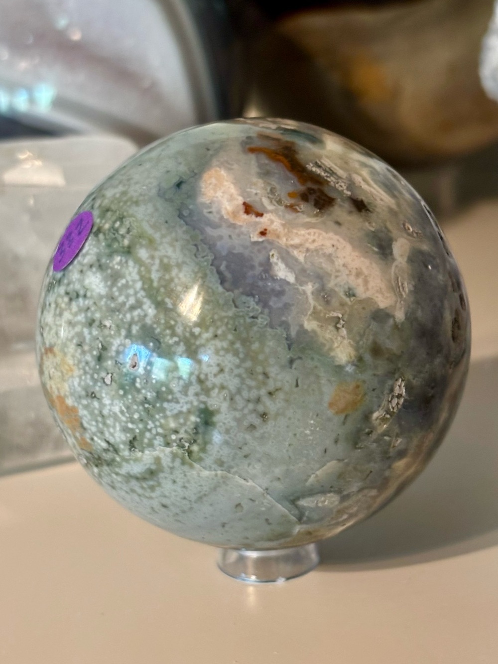 🌿 Ocean Jasper Sphere – Orbicular Polished Crystal with Stand